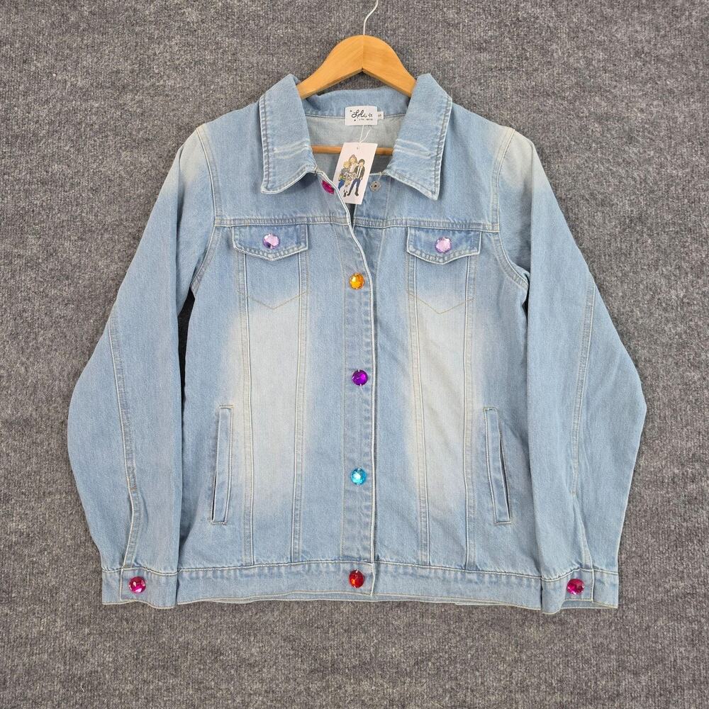 Lola and The Boys Denim Jacket Teen Womens Small Blue Crystal Rain Rainbow Fun